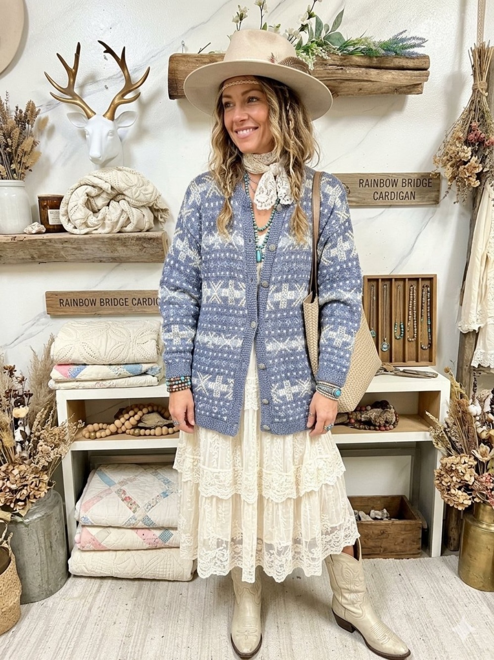 Ramie Boho Nordic-Pattern Blue Cardigan boho Sweater w prairie Country vibe